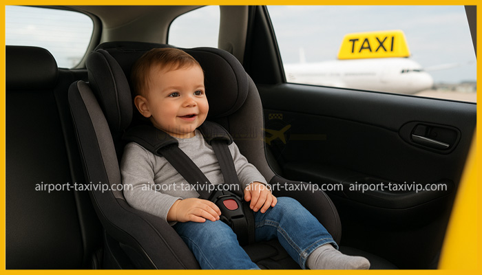 تصویر یک نوزاد خندان را نشان می‌دهد که در صندلی مخصوص کودک در یک ماشین نشسته و یک هواپیما در پس‌زمینه دیده می‌شود.
