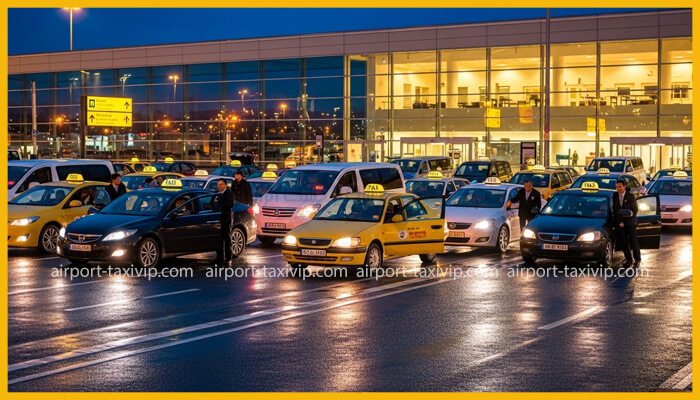 تصویر یک ردیف از تاکسی‌ها را در پارکینگ یک فرودگاه شلوغ در شب و در هوای بارانی نشان می‌دهد.