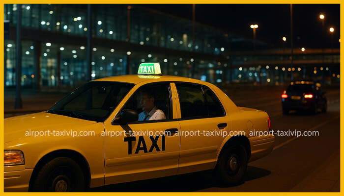  تصویر یک تاکسی زرد با راننده را در حال حرکت در شب و در مقابل یک ساختمان فرودگاه نشان می‌دهد.