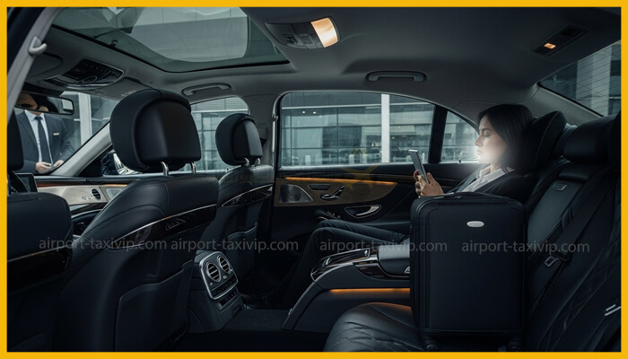 خدمات تاکسی لوکس فرودگاه VIP؛ مسافر در صندلی عقب ماشین مرسدس بنز در حال چک کردن تلفن.