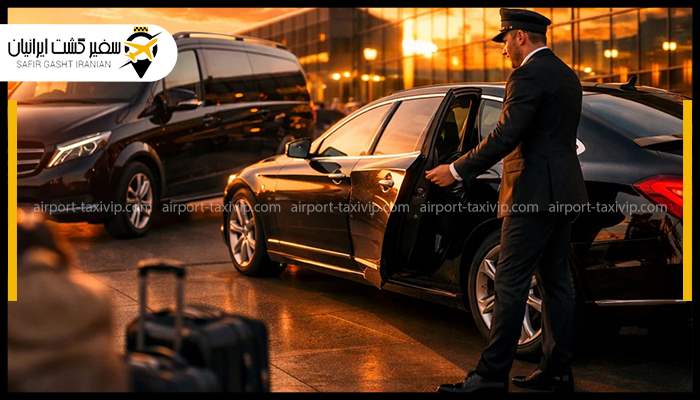 خودروی تاکسی فرودگاه آماده سوار کردن مسافر در ترمینال